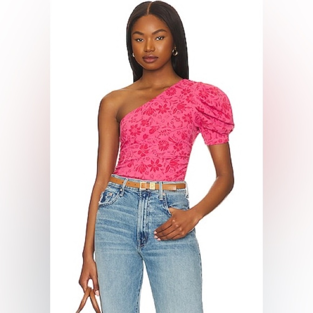 Free‎ People Hot Pink one puff sleeve Floral Bodysuit size M